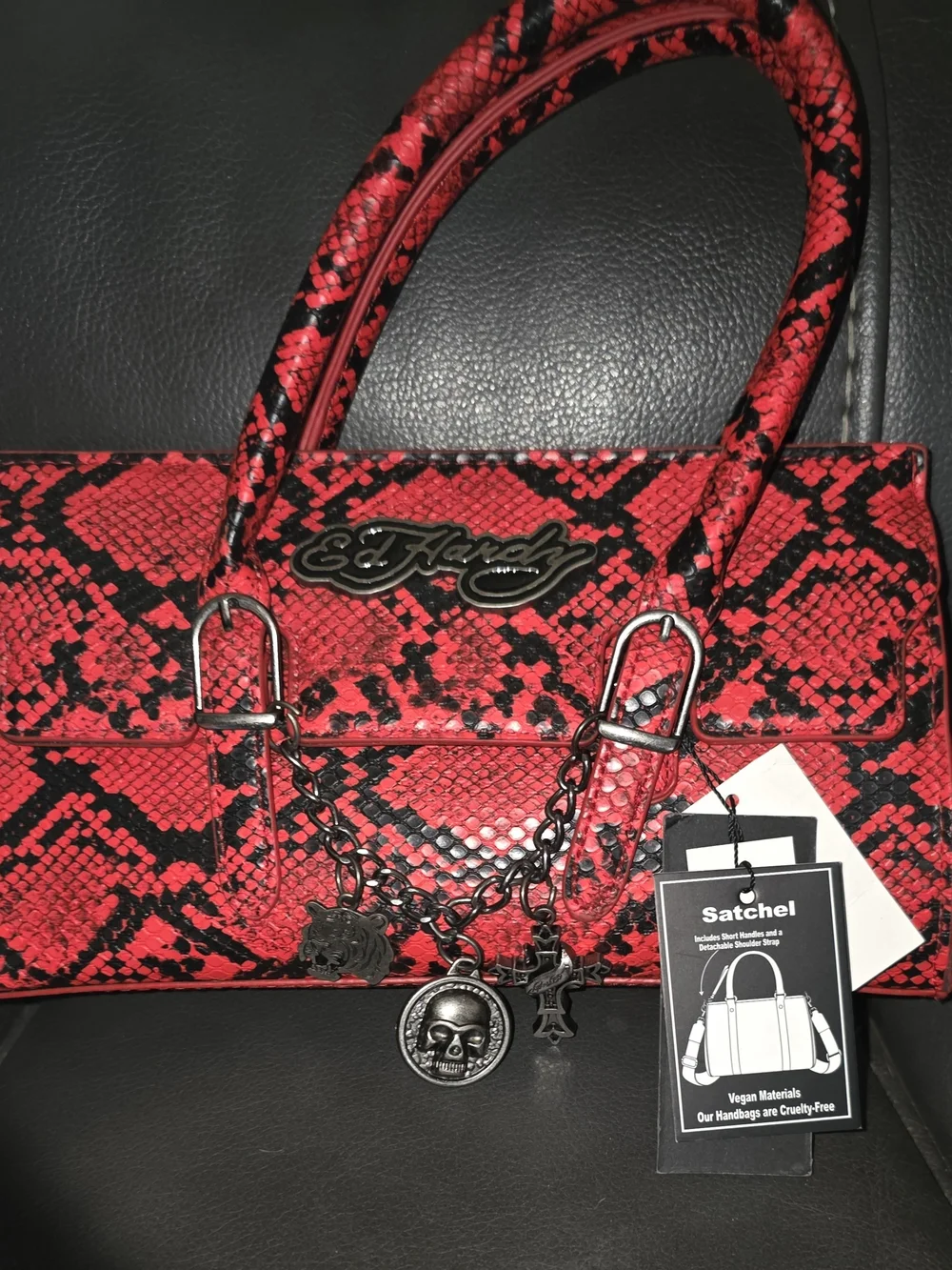 Ed Hardy Red and Black Snake-Print Satchel with Charm Chain